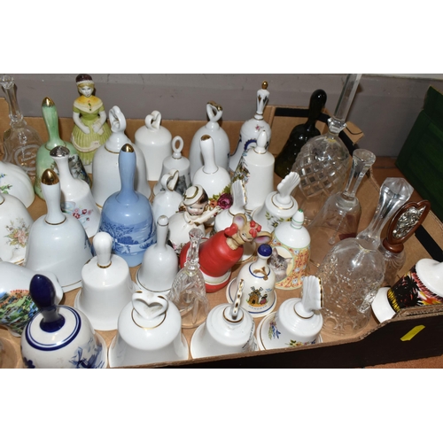 326 - TWO BOXES OF DECORATIVE CERAMIC AND GLASS BELLS, over eighty bells, including crystal examples, figu... 