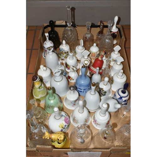 326 - TWO BOXES OF DECORATIVE CERAMIC AND GLASS BELLS, over eighty bells, including crystal examples, figu... 