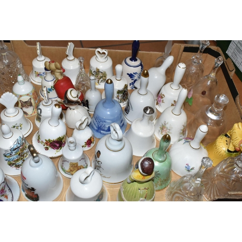 326 - TWO BOXES OF DECORATIVE CERAMIC AND GLASS BELLS, over eighty bells, including crystal examples, figu... 