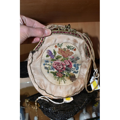 381 - A GROUP OF VINTAGE BAGS, PURSE, VANITY CASE, PARASOL, WALL HANGING AND SEWING ITEMS, to include a pu... 