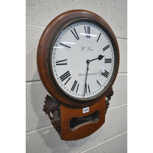 1197 - A 19TH CENTURY WALNUT WALL CLOCK, the glazed door enclosing an 11 inch enamel dial, depicting Roman ... 