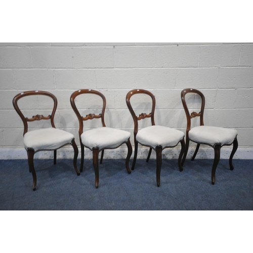 1312 - A SET OF FOUR VICTORIAN MAHOGANY BALLOON BACK CHAIRS, with beige studded upholstery, on front cabrio... 