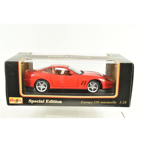 25 - SEVEN BOXED  METAL DIECAST MODEL CARS, to inclue a Maisto Ferrari 550 Maranell 1:18 scale in red, mo... 