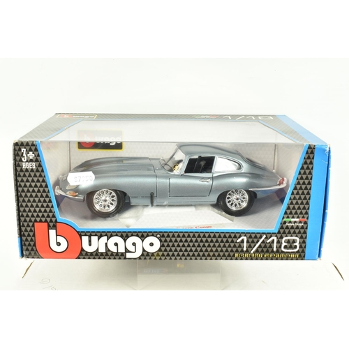 33 - SIX BOXED METAL DIECAST 1:18 SCALE MODEL CARS, to include a Bburago 1961 Jaguar E Coupe in red, mode... 