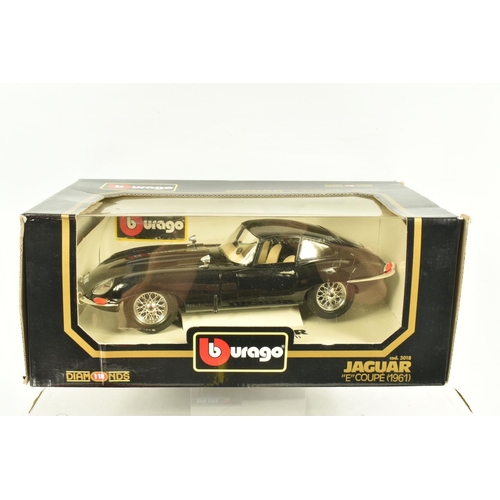 33 - SIX BOXED METAL DIECAST 1:18 SCALE MODEL CARS, to include a Bburago 1961 Jaguar E Coupe in red, mode... 