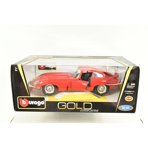 33 - SIX BOXED METAL DIECAST 1:18 SCALE MODEL CARS, to include a Bburago 1961 Jaguar E Coupe in red, mode... 