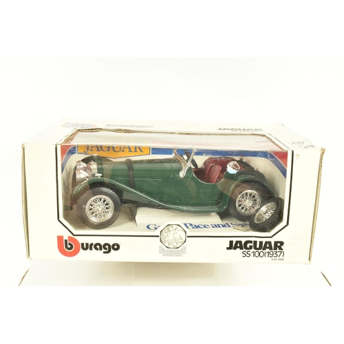 33 - SIX BOXED METAL DIECAST 1:18 SCALE MODEL CARS, to include a Bburago 1961 Jaguar E Coupe in red, mode... 