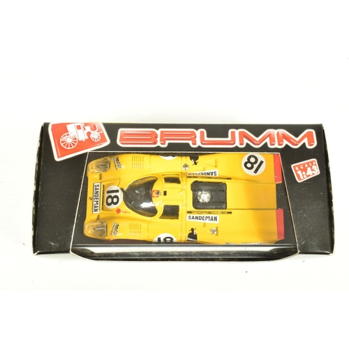 52 - SEVEN BOXED 1:43 SCALE METAL DIECAST MODEL RACE CARS, to include a Brumm Porsche 917 Porsche Salzbur... 