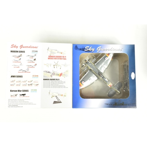 67 - EIGHT BOXED 1:72 SCALE SKY GUARDIANS HAWKER SEAFURY DIECAST MODEL AIRCRAFTS, the first a FB.11 WE683... 