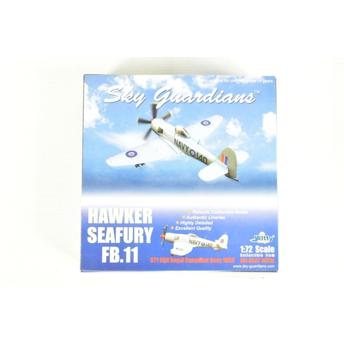 67 - EIGHT BOXED 1:72 SCALE SKY GUARDIANS HAWKER SEAFURY DIECAST MODEL AIRCRAFTS, the first a FB.11 WE683... 