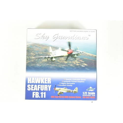 67 - EIGHT BOXED 1:72 SCALE SKY GUARDIANS HAWKER SEAFURY DIECAST MODEL AIRCRAFTS, the first a FB.11 WE683... 