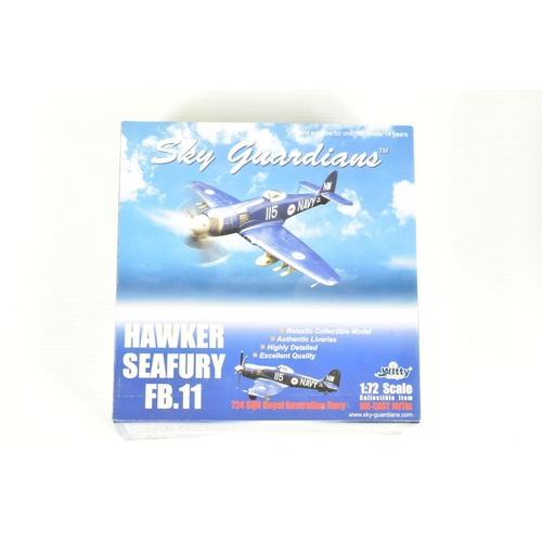 67 - EIGHT BOXED 1:72 SCALE SKY GUARDIANS HAWKER SEAFURY DIECAST MODEL AIRCRAFTS, the first a FB.11 WE683... 