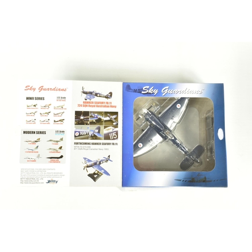 67 - EIGHT BOXED 1:72 SCALE SKY GUARDIANS HAWKER SEAFURY DIECAST MODEL AIRCRAFTS, the first a FB.11 WE683... 