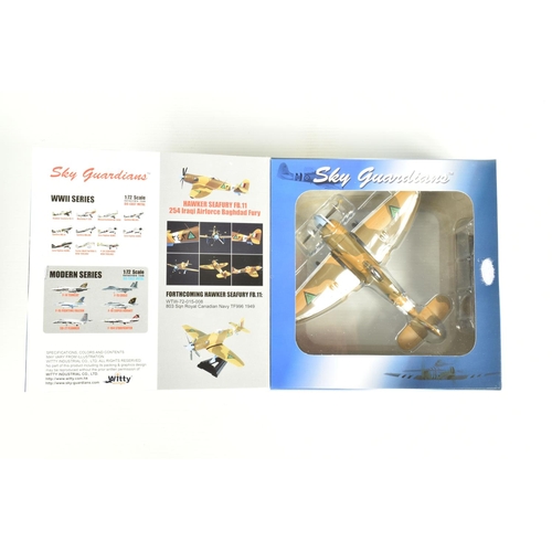 67 - EIGHT BOXED 1:72 SCALE SKY GUARDIANS HAWKER SEAFURY DIECAST MODEL AIRCRAFTS, the first a FB.11 WE683... 