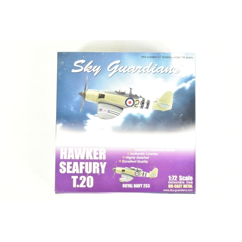 67 - EIGHT BOXED 1:72 SCALE SKY GUARDIANS HAWKER SEAFURY DIECAST MODEL AIRCRAFTS, the first a FB.11 WE683... 