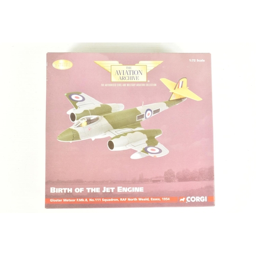 84 - FIVE BOXED CORGI AVIATION ARCHIVE 1:72 SCALE MODEL AIRCRAFTS, to include a Gloster Meteor F.Mk.8, it... 