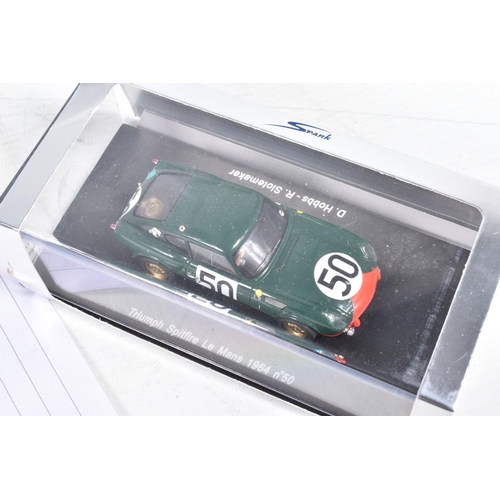 124 - SIX BOXED SPARK TRIUMPH LE MANS MODEL VEHICLES, the first a Triumph Spitfire Le Mans 1964 no.65, J-L... 