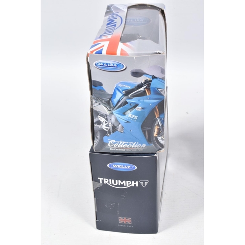 126 - A BOX OF VARIOUS BOXED MODEL VEHICLES, to include a Welly Triumph 1:18 scale motorcycle in silver, a... 