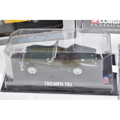 129 - A QUANTITY OF BOXED TRIUMPHS TR3 MODELS, to include a Vanguards model VA04703 in British Racing Gree... 