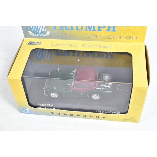 129 - A QUANTITY OF BOXED TRIUMPHS TR3 MODELS, to include a Vanguards model VA04703 in British Racing Gree... 