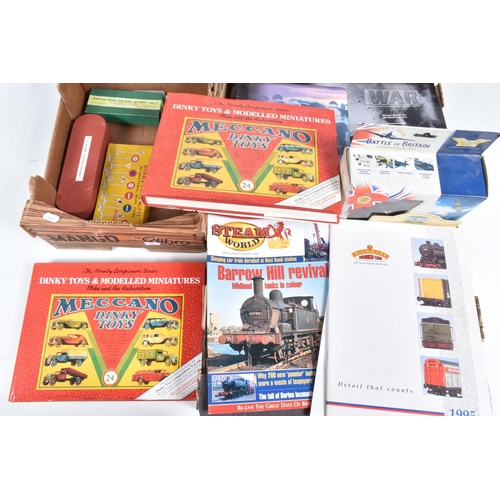 136 - A QUANTITY OF ASSORTED DIECAST FIGURES AND VEHICLES ETC., to include two boxed Dinky Toys O gauge Mi... 