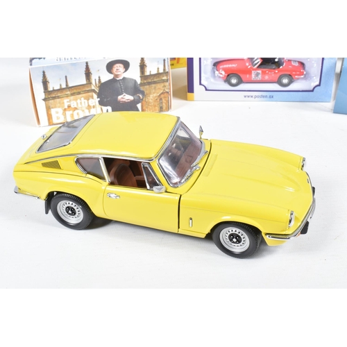 146 - AN INTERESTING  COLLECTION OF VARIOUS DIECAST TRIUMPH MODEL CARS, to include an unboxed 1:18 scale S... 