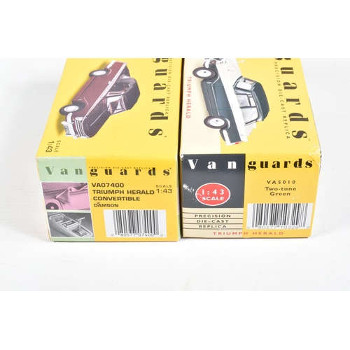 151 - FOURTEEN BOXED 1:43 SCALE DIECAST VANGUARDS TRIUMPH HERALD MODELS, to include a Grey, item no. 644VA... 