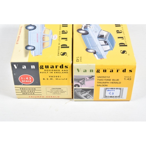 151 - FOURTEEN BOXED 1:43 SCALE DIECAST VANGUARDS TRIUMPH HERALD MODELS, to include a Grey, item no. 644VA... 