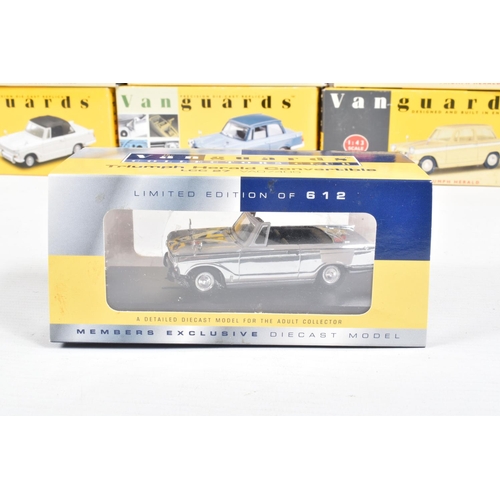 151 - FOURTEEN BOXED 1:43 SCALE DIECAST VANGUARDS TRIUMPH HERALD MODELS, to include a Grey, item no. 644VA... 