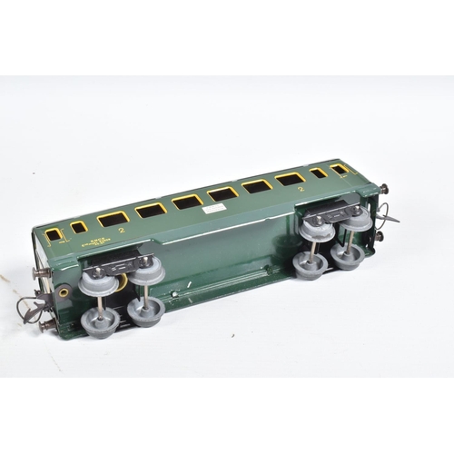 264 - THREE FRENCH HORNBY O GAUGE S.N.C.F. COACHES, two all 2nd class and one 2nd/Baggage Car, all in good... 