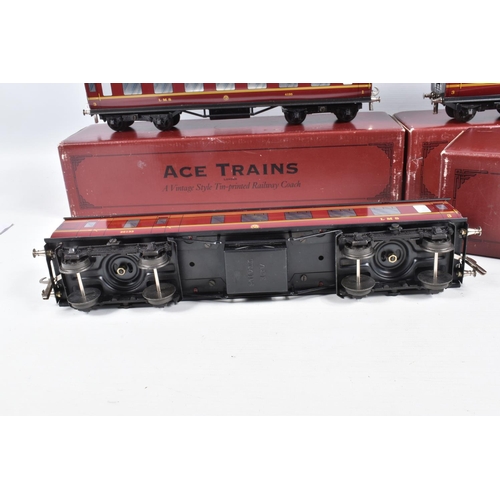 267 - THREE BOXED ACE TRAINS O GAUGE L.M.S. CORRIDOR COACHES, 1st/3rd, 3rd and 3rd Brake, all appear compl... 