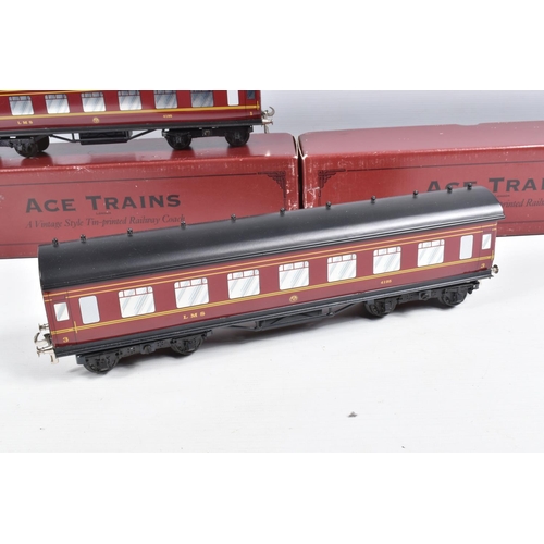 267 - THREE BOXED ACE TRAINS O GAUGE L.M.S. CORRIDOR COACHES, 1st/3rd, 3rd and 3rd Brake, all appear compl... 