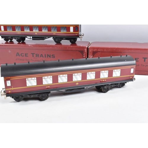 267 - THREE BOXED ACE TRAINS O GAUGE L.M.S. CORRIDOR COACHES, 1st/3rd, 3rd and 3rd Brake, all appear compl... 