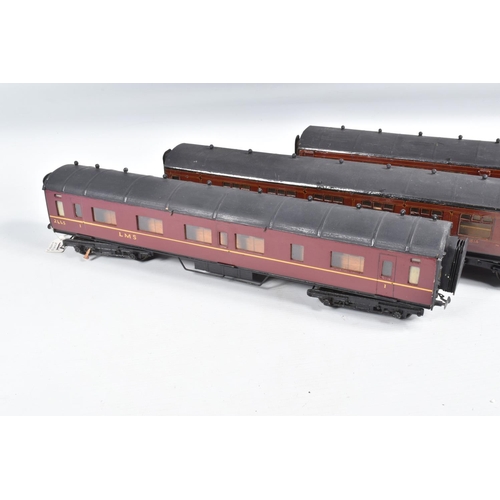 269 - FOUR R MODELS OF CHELTENHAM O GAUGE L.M.S. CORRIDOR COACHES, 1st/3rd (x 2), 1st and 3rd Brake, const... 