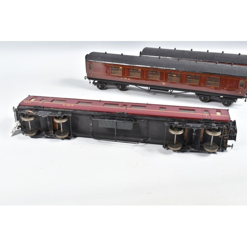 269 - FOUR R MODELS OF CHELTENHAM O GAUGE L.M.S. CORRIDOR COACHES, 1st/3rd (x 2), 1st and 3rd Brake, const... 