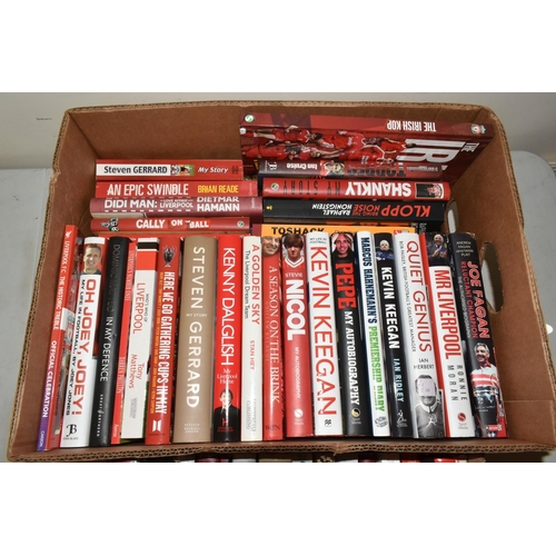 329 - LIVERPOOL FOOTBALL CLUB INTEREST: TWO BOXES OF HARDBACK AND PAPERBACK BOOKS, approximately forty-fou... 