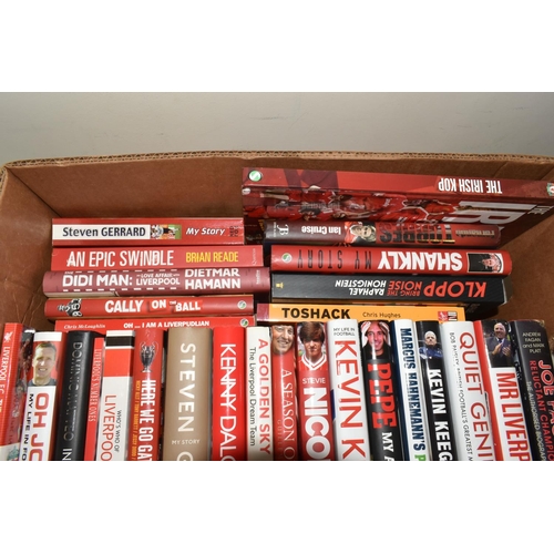 329 - LIVERPOOL FOOTBALL CLUB INTEREST: TWO BOXES OF HARDBACK AND PAPERBACK BOOKS, approximately forty-fou... 