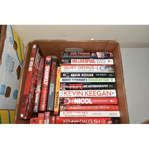 329 - LIVERPOOL FOOTBALL CLUB INTEREST: TWO BOXES OF HARDBACK AND PAPERBACK BOOKS, approximately forty-fou... 