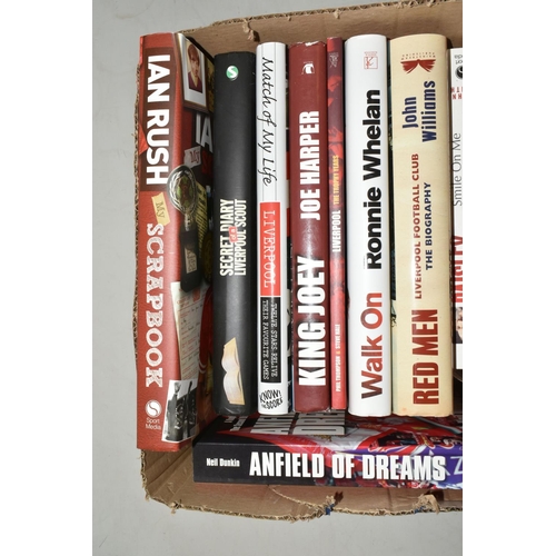 329 - LIVERPOOL FOOTBALL CLUB INTEREST: TWO BOXES OF HARDBACK AND PAPERBACK BOOKS, approximately forty-fou... 