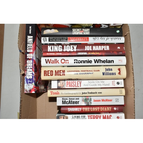 329 - LIVERPOOL FOOTBALL CLUB INTEREST: TWO BOXES OF HARDBACK AND PAPERBACK BOOKS, approximately forty-fou... 