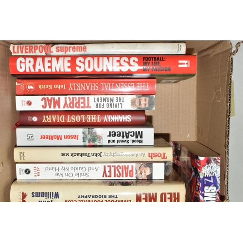 329 - LIVERPOOL FOOTBALL CLUB INTEREST: TWO BOXES OF HARDBACK AND PAPERBACK BOOKS, approximately forty-fou... 