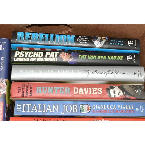 332 - TWO BOXES OF FOOTBALL INTEREST HARDBACK AND PAPERBACK BOOKS, approximately sixty eight titles, to in... 