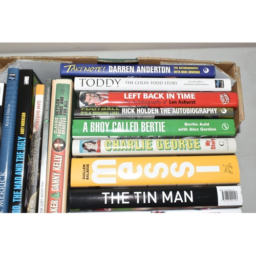 332 - TWO BOXES OF FOOTBALL INTEREST HARDBACK AND PAPERBACK BOOKS, approximately sixty eight titles, to in... 