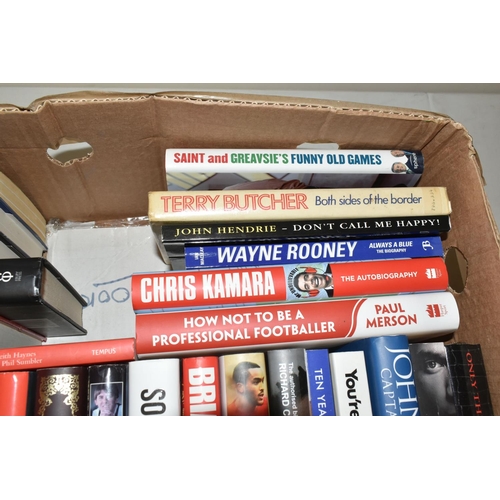 333 - THREE BOXES OF FOOTBALL INTEREST HARDBACK AND PAPERBACK BOOKS, approximately eighty five titles, mai... 