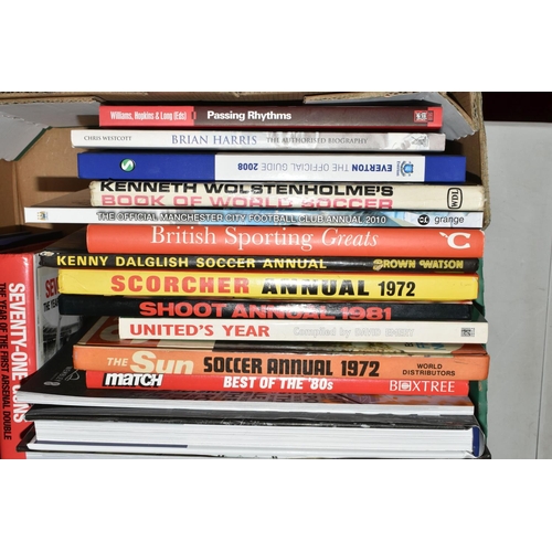 335 - TWO BOXES OF FOOTBALL INTEREST HARDBACK AND PAPERBACK BOOKS, approximately sixty nine titles coverin... 