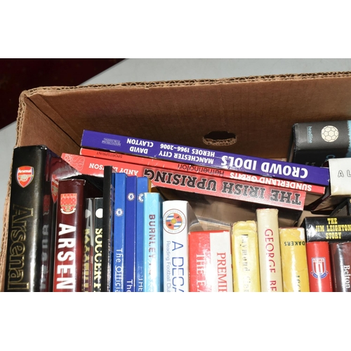 335 - TWO BOXES OF FOOTBALL INTEREST HARDBACK AND PAPERBACK BOOKS, approximately sixty nine titles coverin... 