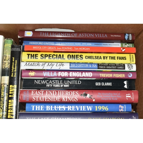 335 - TWO BOXES OF FOOTBALL INTEREST HARDBACK AND PAPERBACK BOOKS, approximately sixty nine titles coverin... 