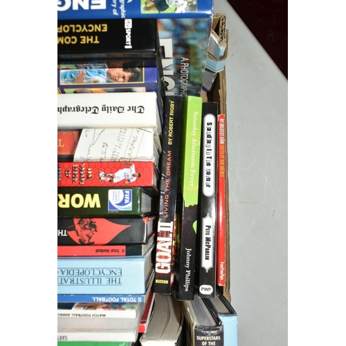 336 - TWO BOXES OF FOOTBALL INTEREST HARDBACK AND PAPERBACK BOOKS, approximately seventy titles, made up o... 