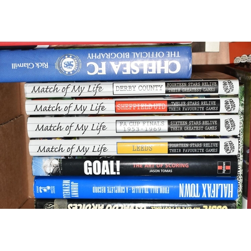 338 - THREE BOXES OF FOOTBALL INTEREST HARDBACK AND PAPERBACK BOOKS, approximately one hundred and three t... 