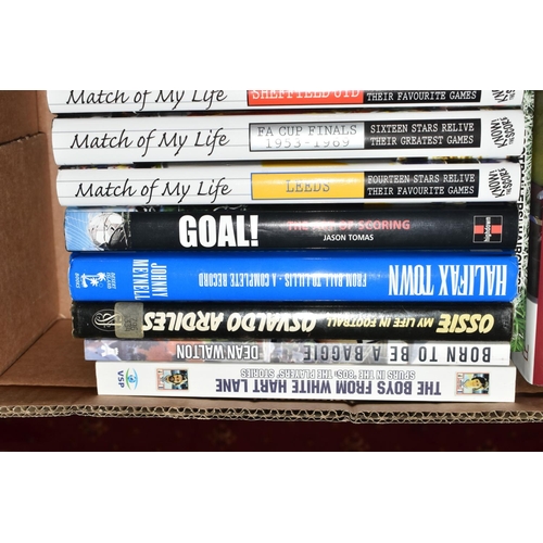 338 - THREE BOXES OF FOOTBALL INTEREST HARDBACK AND PAPERBACK BOOKS, approximately one hundred and three t... 